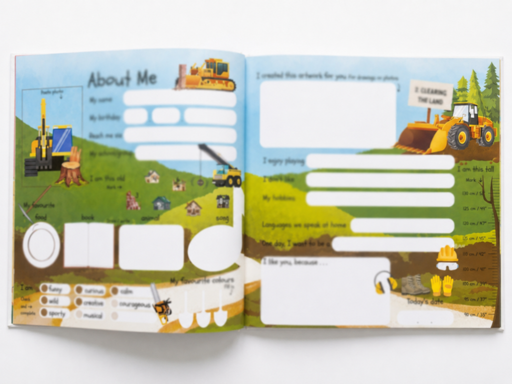 Open Building Big Dreams friendship book showing About Me pages with construction vehicles, prompts and a growth chart.