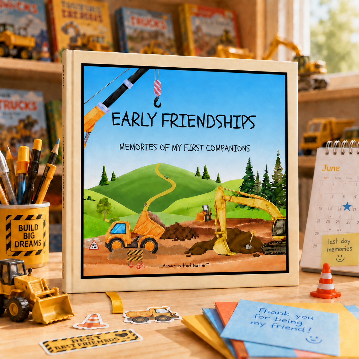 Building Big Dreams friendship book for kids ages 3–8 displayed on a children's desk with books, toys, pens and a digger.