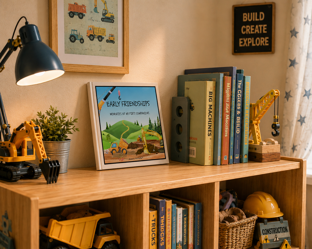 Building Big Dreams friendship book for kids ages 3–8 displayed with books, toys and construction-themed decorations.