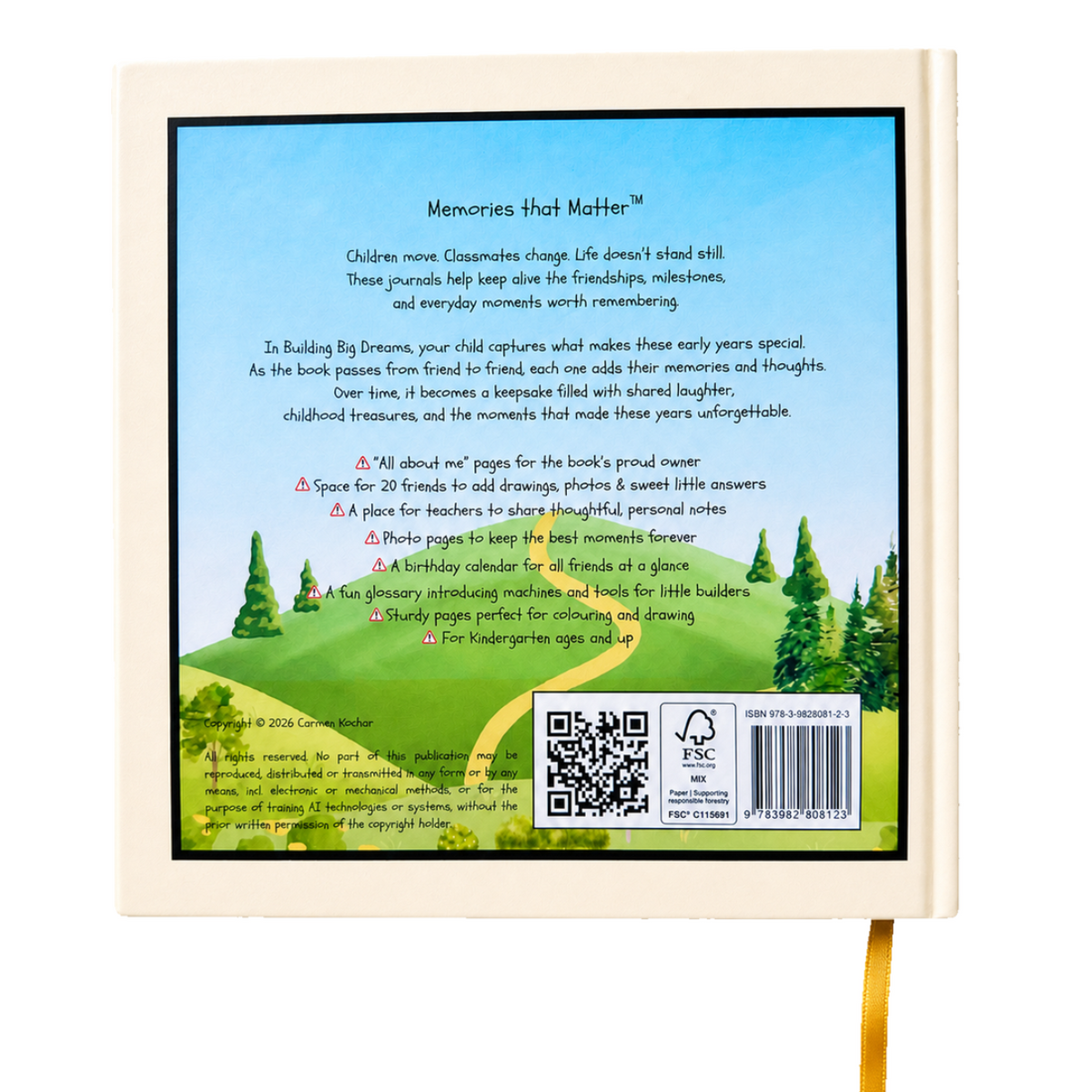 Back cover of Early Friendships – Building Big Dreams friendship book for kids ages 3–8, showing the book features and construction theme.