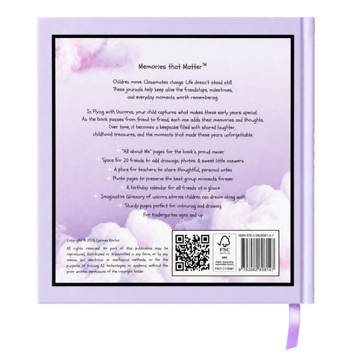 Back cover of Early Friendships – Flying with Unicorns friendship book for kids ages 3–8, showing the book features and unicorn theme.