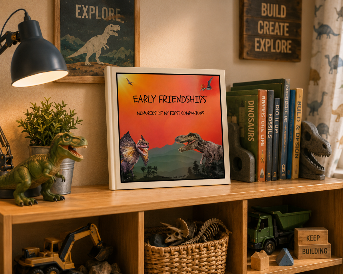 Roaring with Dinosaurs friendship book for kids ages 3–8 displayed with books, toys and dinosaur decorations.