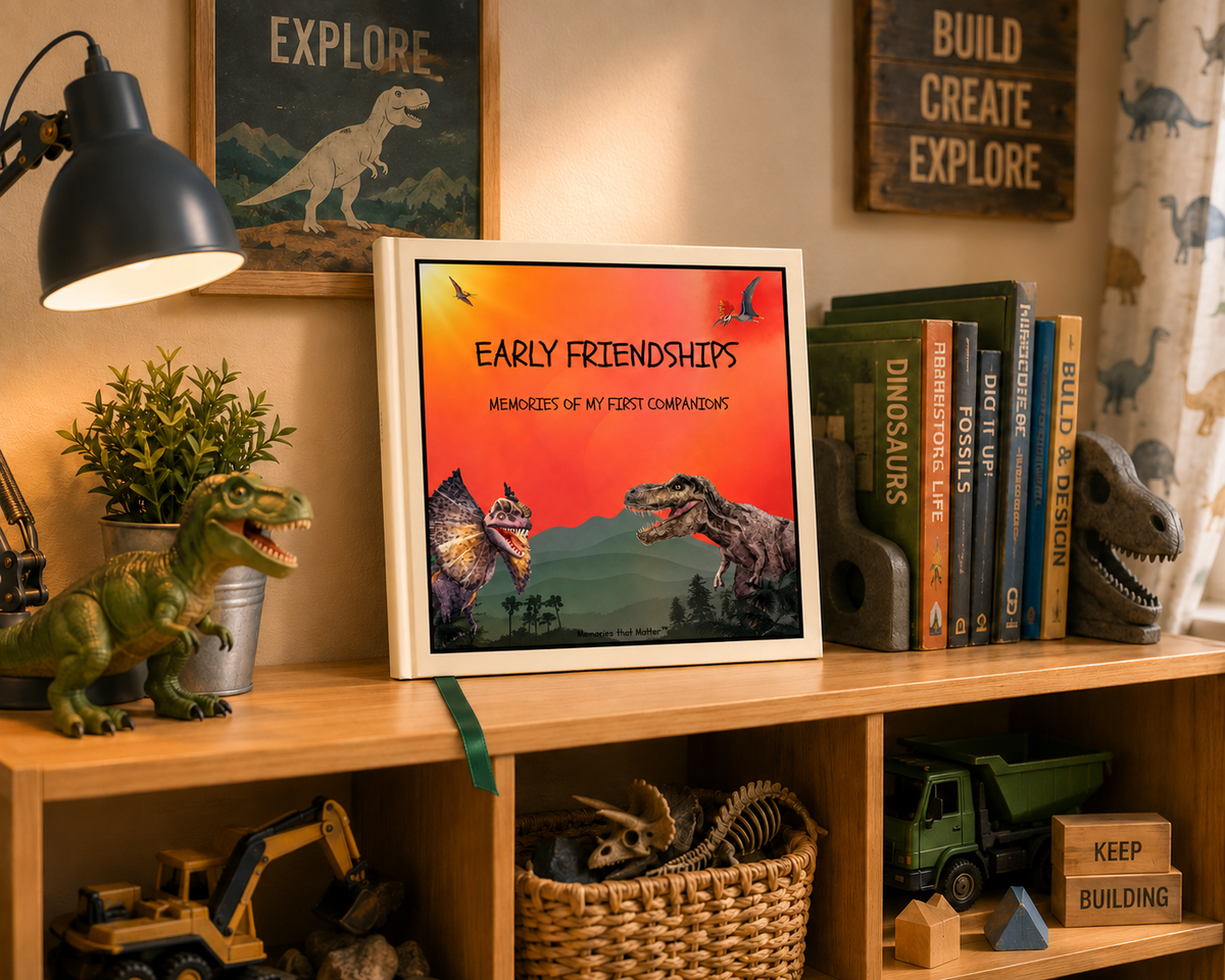 Roaring with Dinosaurs friendship book for kids ages 3–8 displayed on a children's shelf with books, T-Rex toys and building blocks.