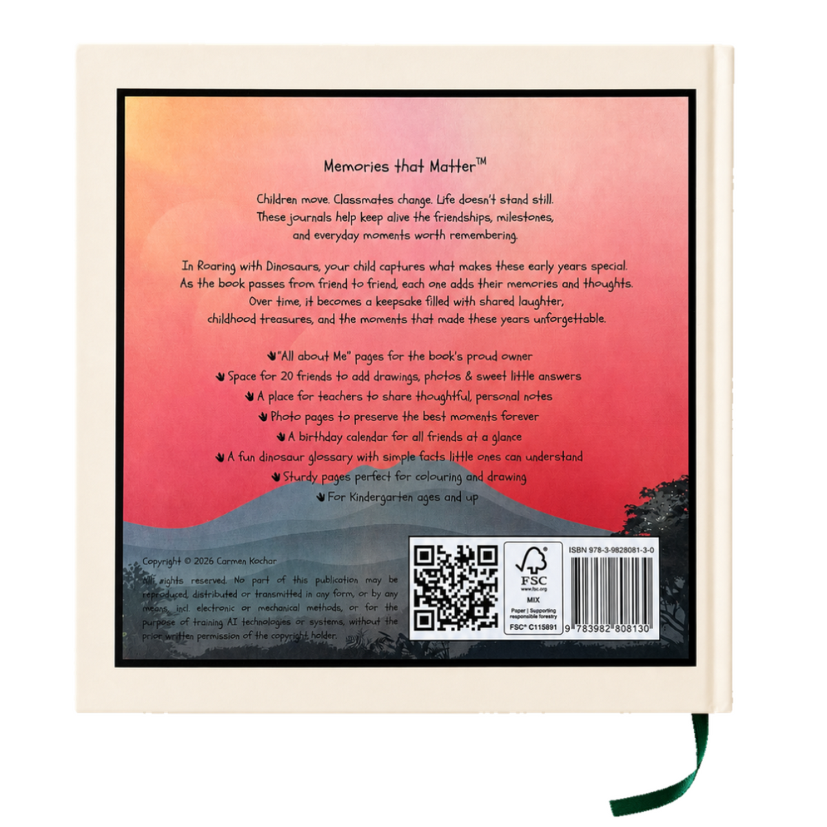 Back cover of Early Friendships – Roaring with Dinosaurs friendship book for kids ages 3–8, showing the book features and dinosaur theme.