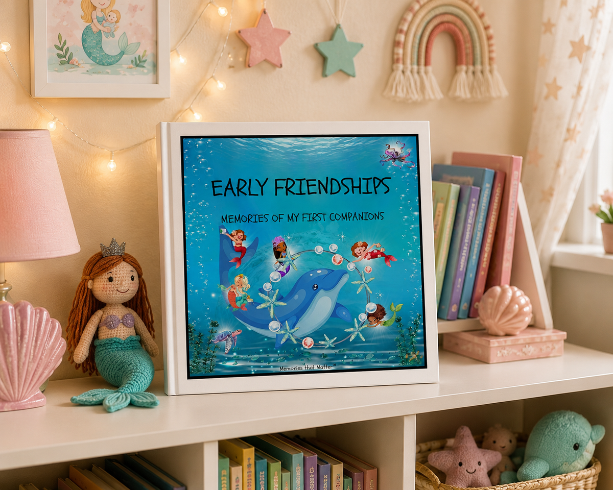 Singing with Mermaids friendship book for kids ages 3–8 displayed on a children's shelf with books, toys, shells and fairy lights.