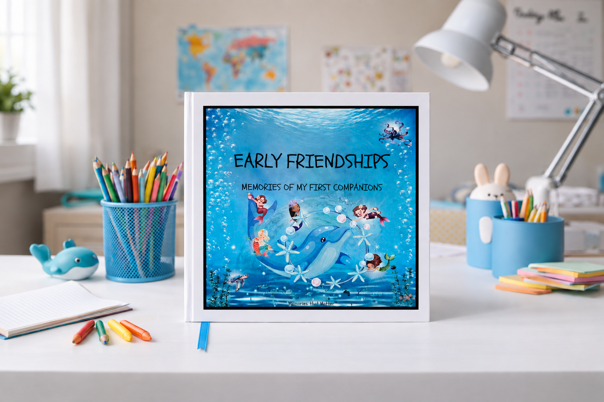 Singing with Mermaids friendship book for kids ages 3–8 displayed on a children's shelf with books, toys, shells and fairy lights.