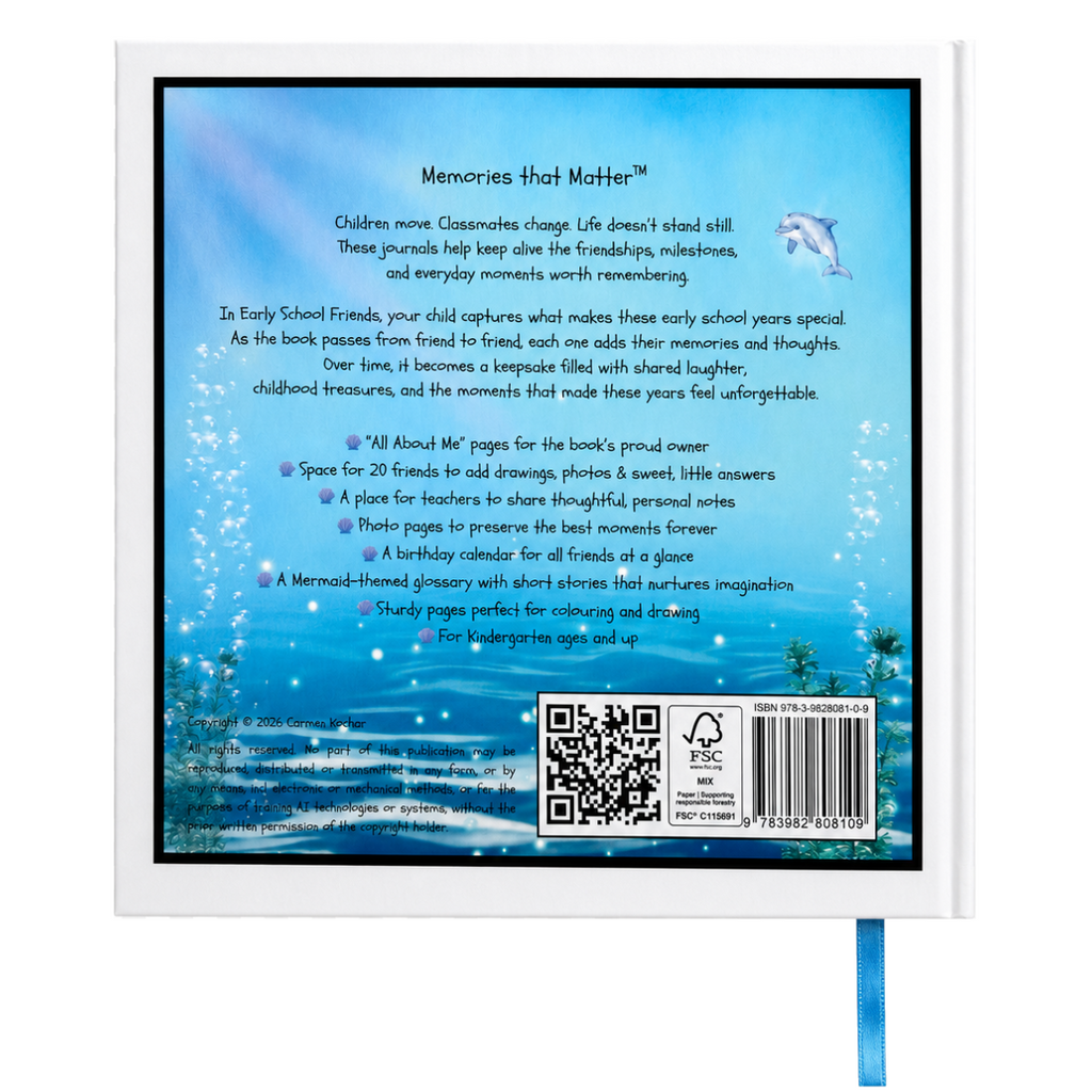 Back cover of Early Friendships – Singing with Mermaids friendship book for kids ages 3–8, showing the book features and underwater theme.