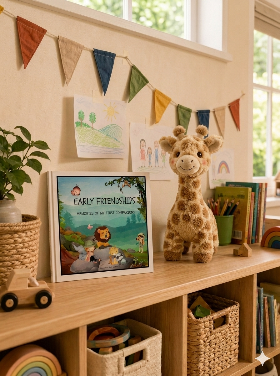 Wondering with Animals friendship book for kids ages 3–8 displayed with colourful toys in a cosy playroom setting.