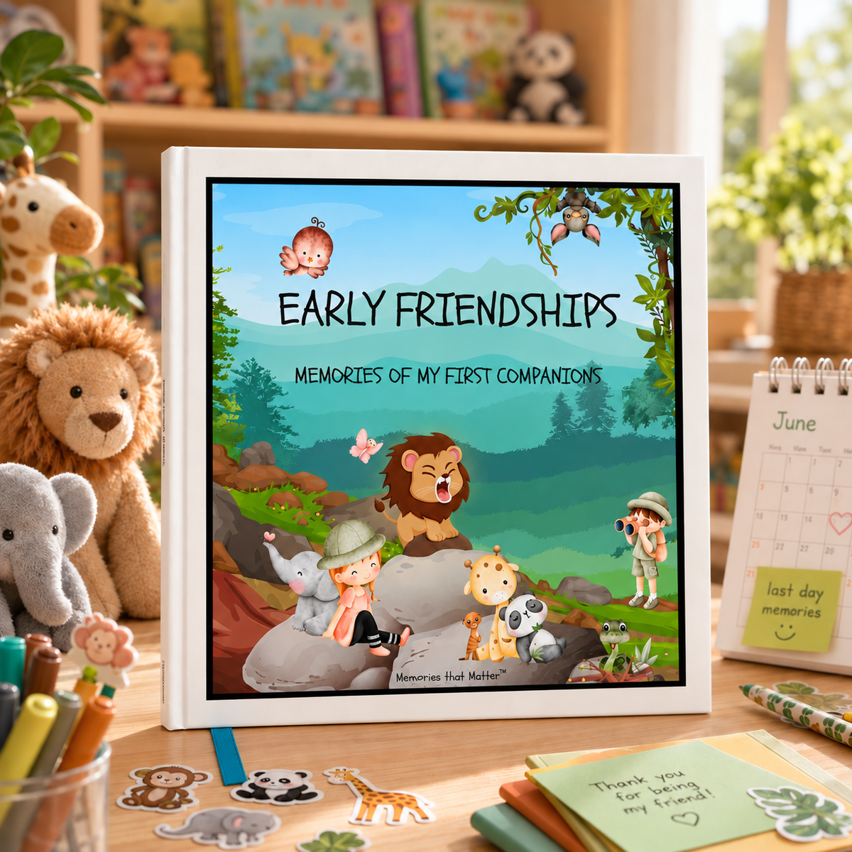 Wondering with Animals friendship book for kids ages 3–8 displayed on a children's shelf with books, toys, wild animal plush toys and pens.