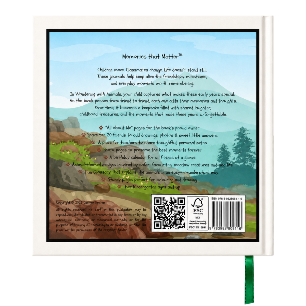 Back cover of Early Friendships – Wondering with Animals friendship book for kids ages 3–8, showing the book features and baby animal theme.