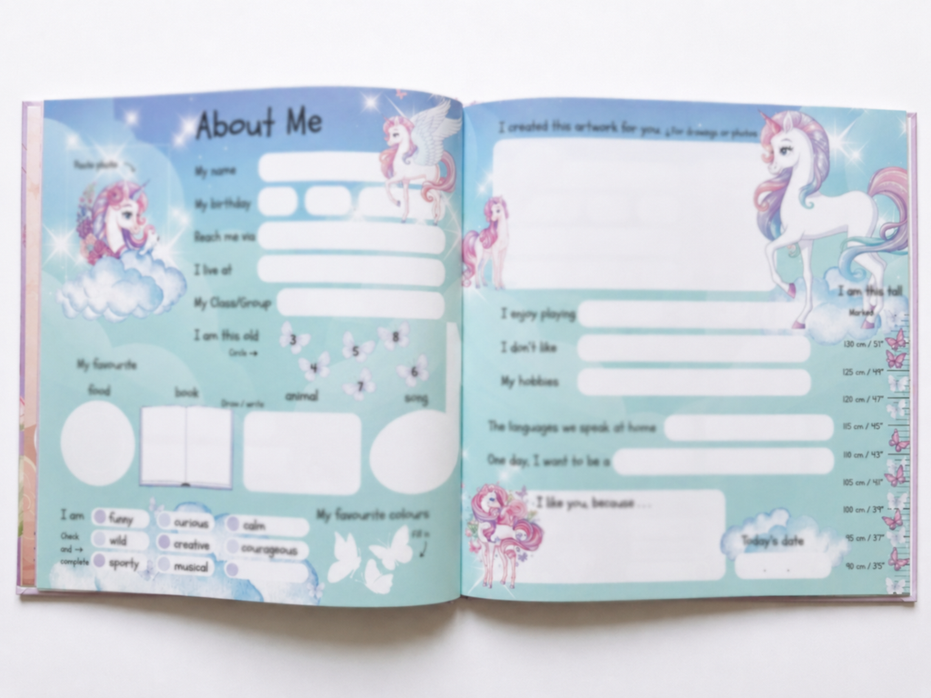 Open Flying with Unicorns friendship book showing About Me pages with unicorns, clouds, butterflies and spaces for children to fill in.