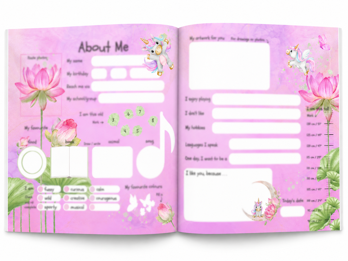 Open Flying with Unicorns friendship book showing About Me pages with unicorns, flowers, butterflies, prompts and a growth chart.