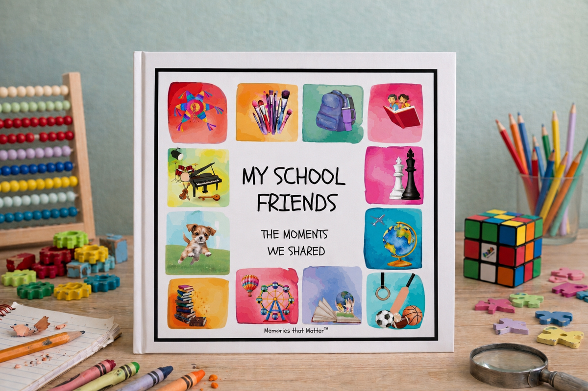 My School Friends friendship book for kids ages 6–10 displayed on a desk with colourful school items and toys.