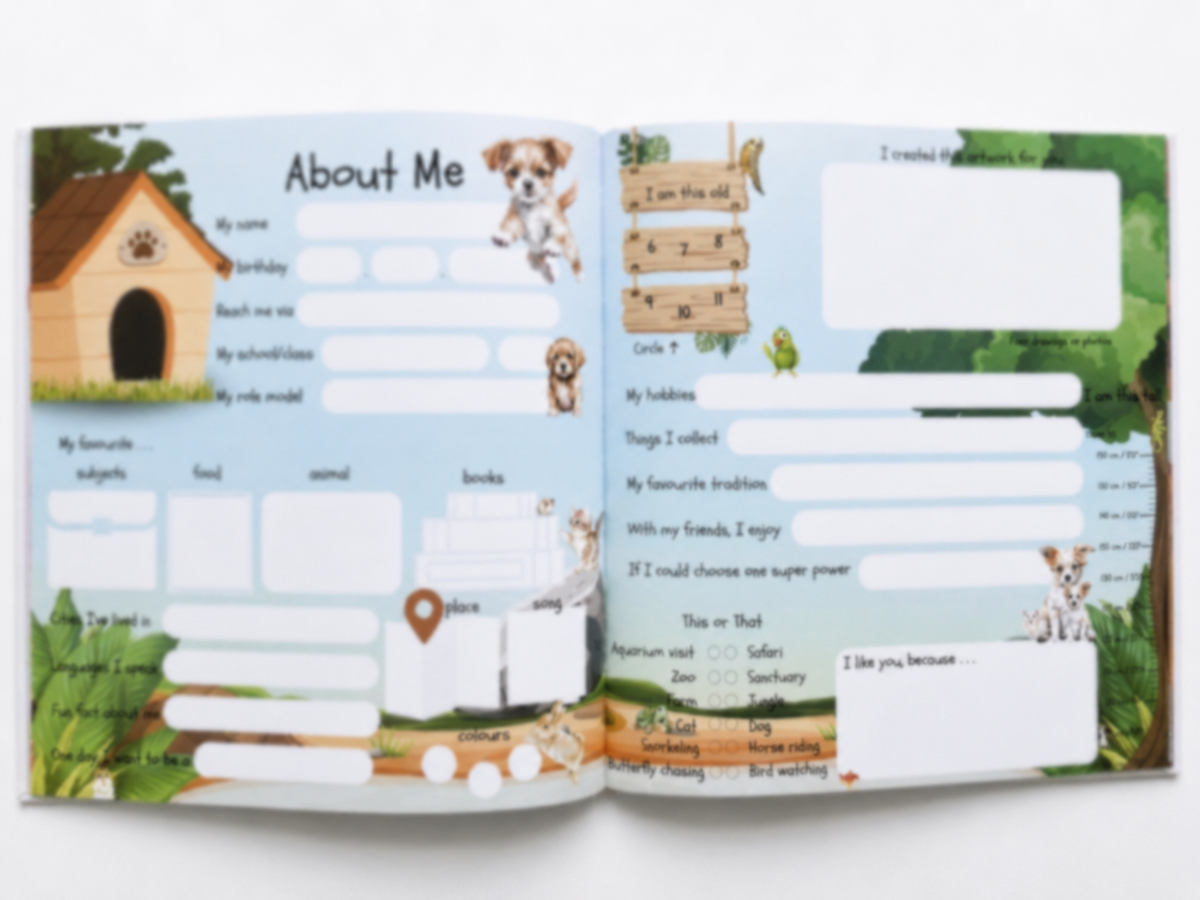Open My School Friends friendship book showing About Me pages with pets, prompts and spaces for children to fill in.