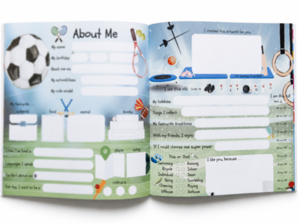 Open friendship book 'My School Friends - The Moments We Shared' with  two About Me pages with colourful sports illustrations featuring sports equipment. With prompts and text fields.