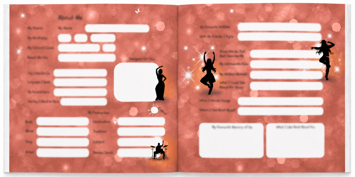 Open The Way We Play friendship book showing About Me pages with prompts, text fields, colourful sparkles and silhouettes of teens.