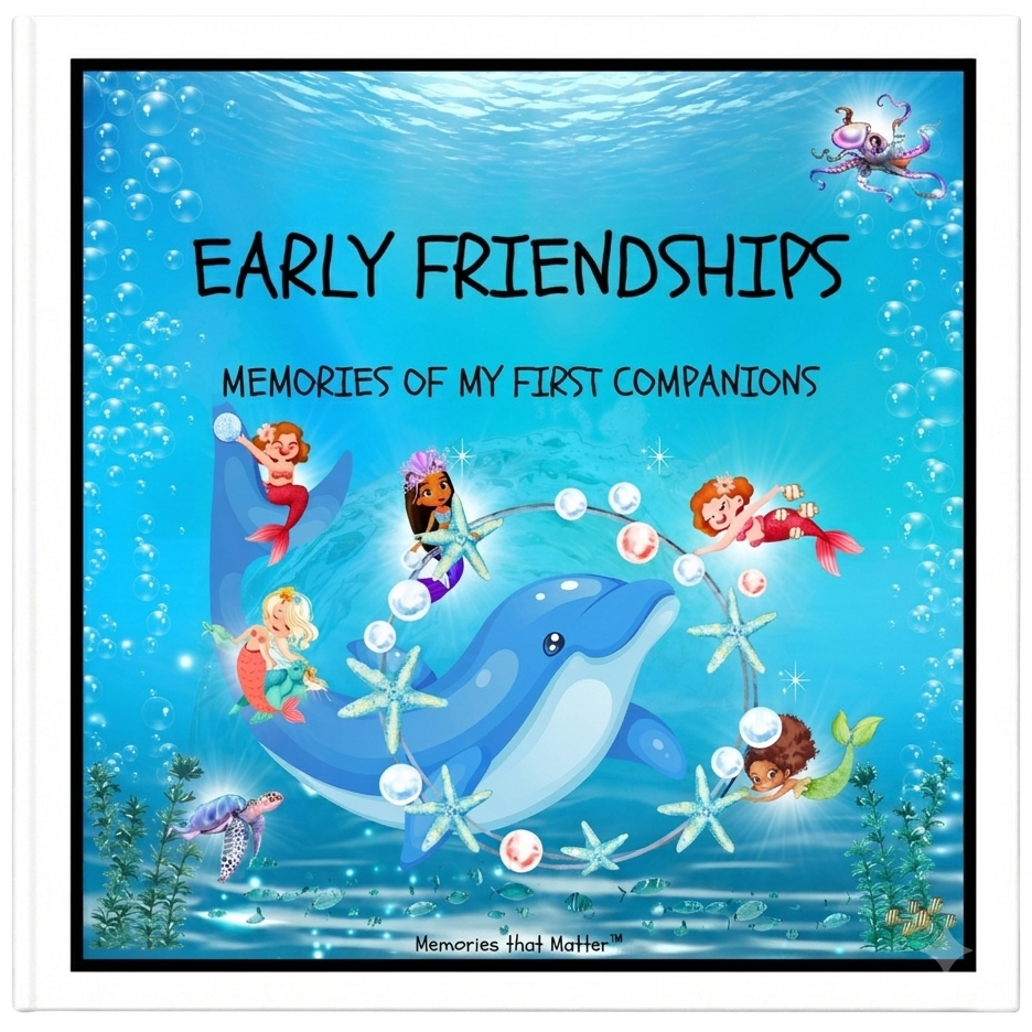 Book cover titled 'Early Friendships: Memories of My First Companions' with mermaids and a dolphin underwater.