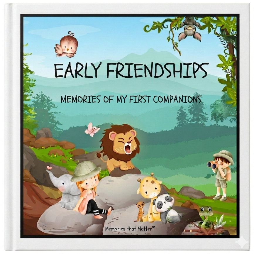 Book titled 'Early Friendships: Memories of My First Companions' with cartoon animals and children on a nature-themed cover.
