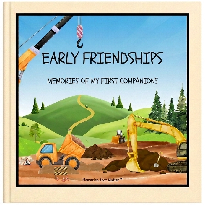 Book cover with framed artwork with construction scene and text 'Early Friendships - Memories of My First Companions' on a white background