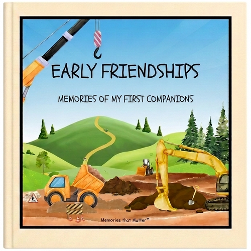 Book cover with framed artwork with construction scene and text 'Early Friendships - Memories of My First Companions' on a white background