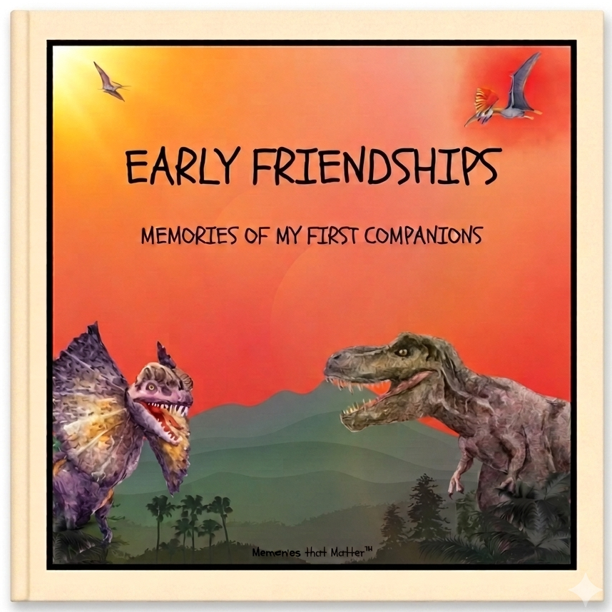 Book cover with dinosaurs and an orange sky, titled 'Early Friendships - Memories of My First Companions'.