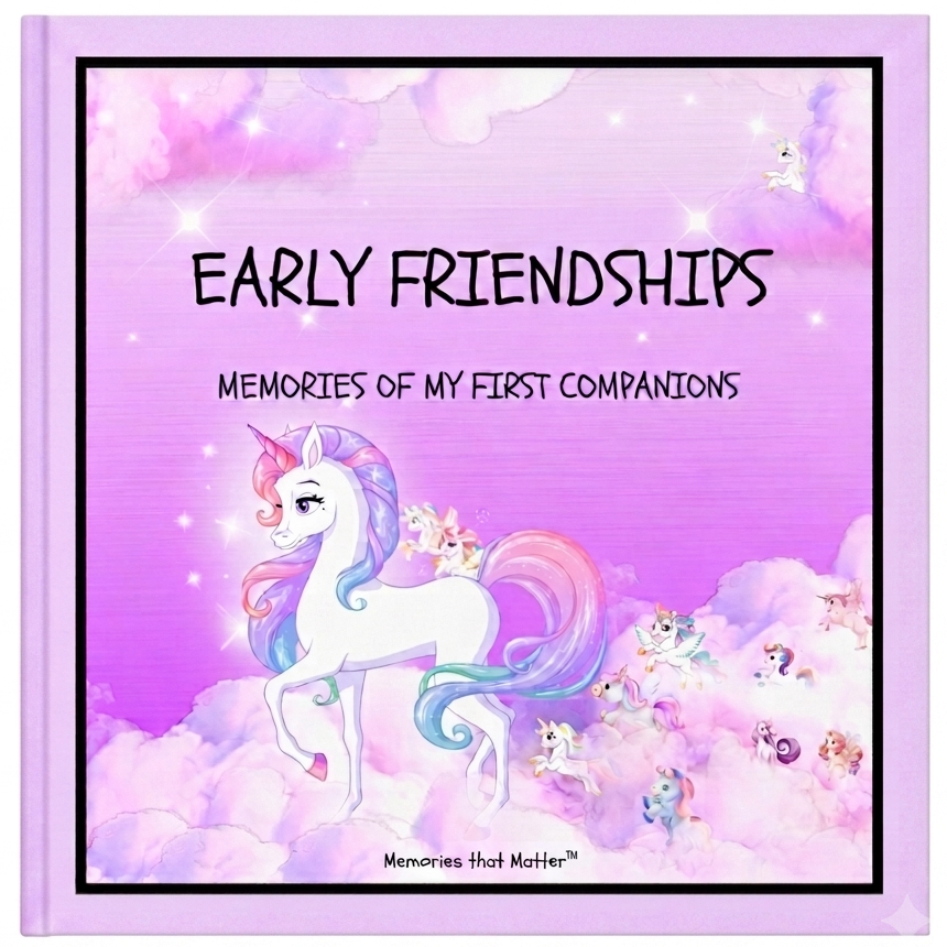 Children's friendship book titled 'Early Friendships' with a unicorn illustration on a purple background with clouds.