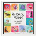 Book titled 'My School Friends: The Moments We Shared' with illustrations of school-related items on a white background.