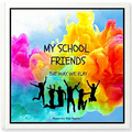 Friendship book with a colorful abstract design with silhouettes of people and text 'My School Friends The Way We Play' on a white background.