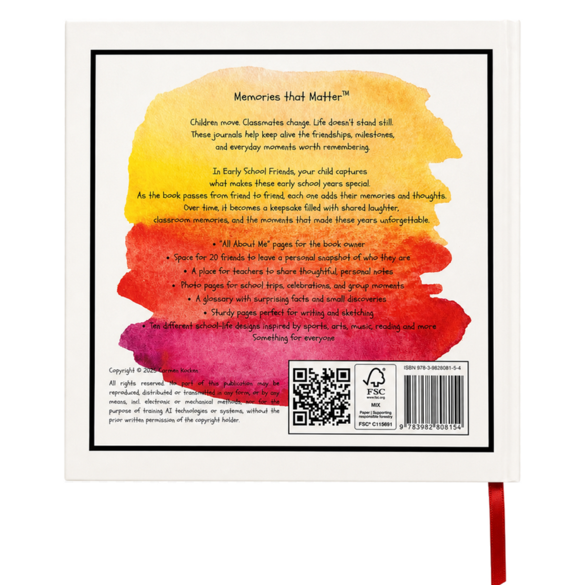 Back cover of My School Friends – The Moments We Shared friendship book for children ages 6–10.