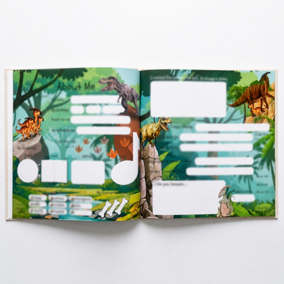 Open Roaring with Dinosaurs friendship book showing About Me pages with colourful dinosaurs, prompts and spaces for children to fill in.