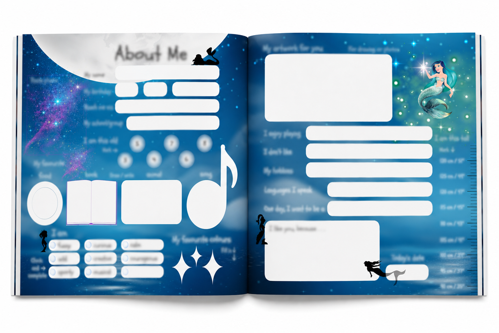 Open Singing with Mermaids friendship book showing About Me pages with mermaid silhouettes, stars, sea illustrations and spaces for children to fill in.