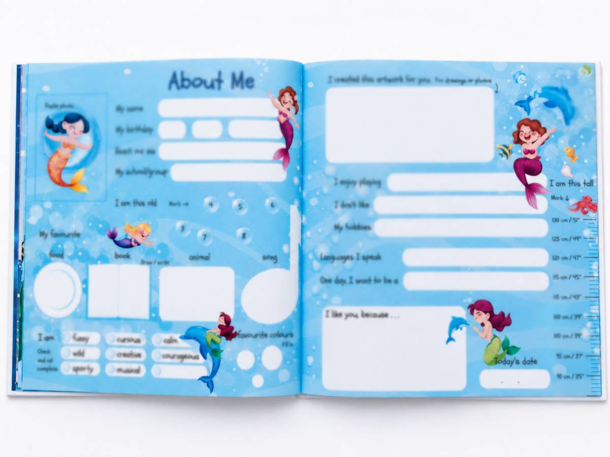 Open Singing with Mermaids friendship book showing About Me pages with mermaids, dolphins, prompts and a growth chart.