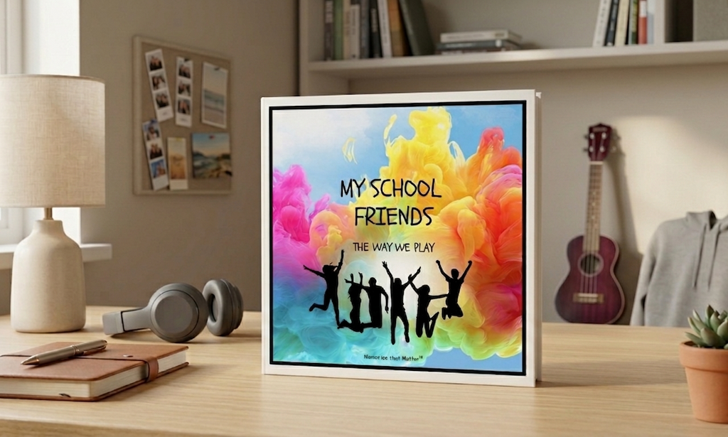 The Way We Play friendship book for kids ages 10+ displayed on a desk with a notebook, headphones and guitar.