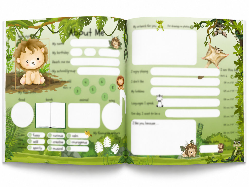 Open Wondering with Animals friendship book showing baby animal illustrations, prompts and a growth chart for children to fill in.