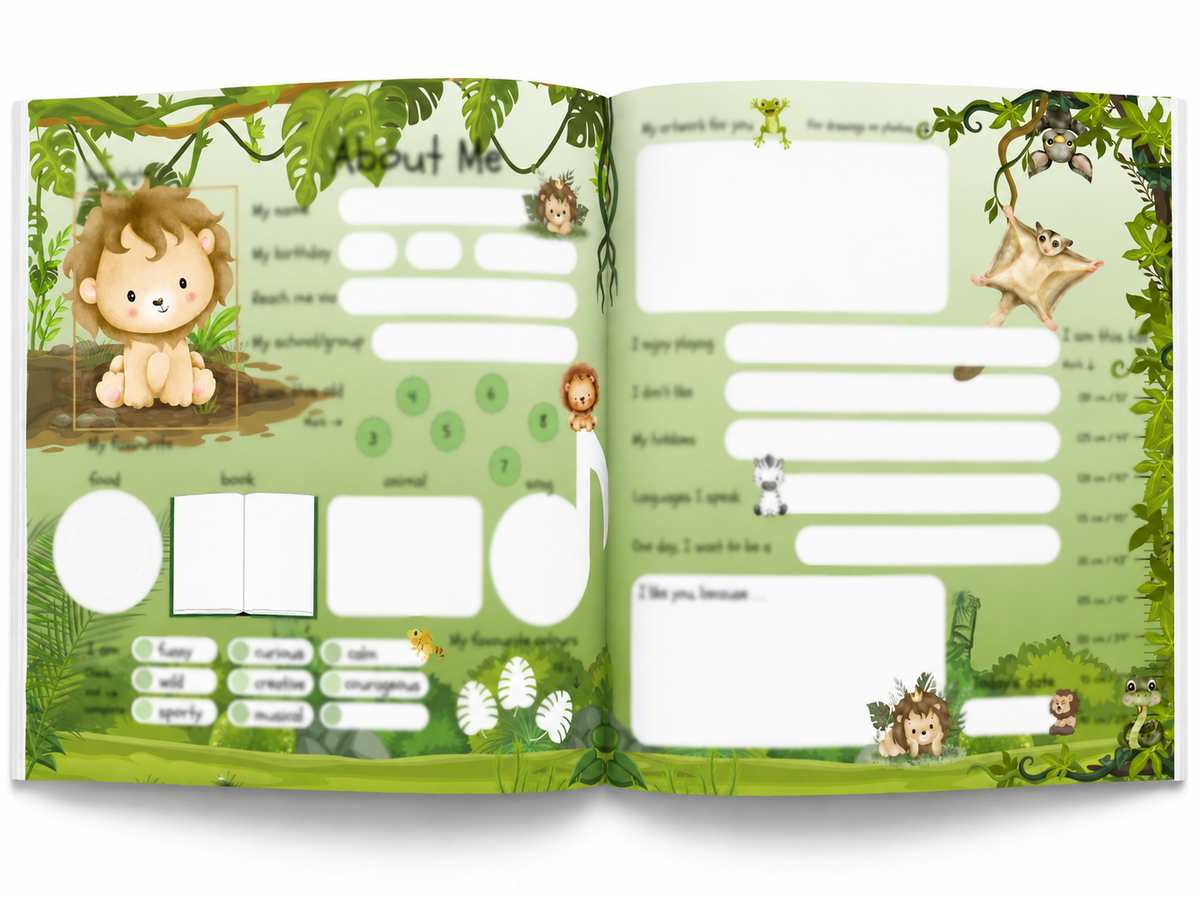 Open Wondering with Animals friendship book showing baby animal illustrations, prompts and a growth chart for children to fill in.