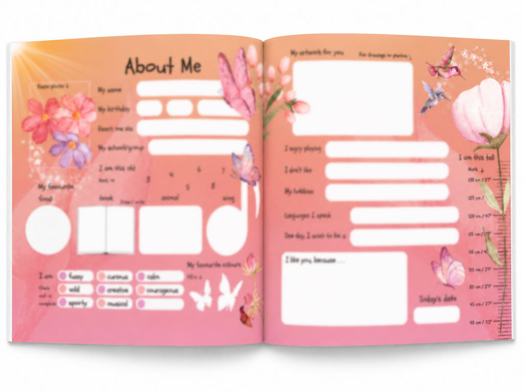 Open Wondering with Animals friendship book showing About Me pages with baby animals, flowers, birds and butterflies.