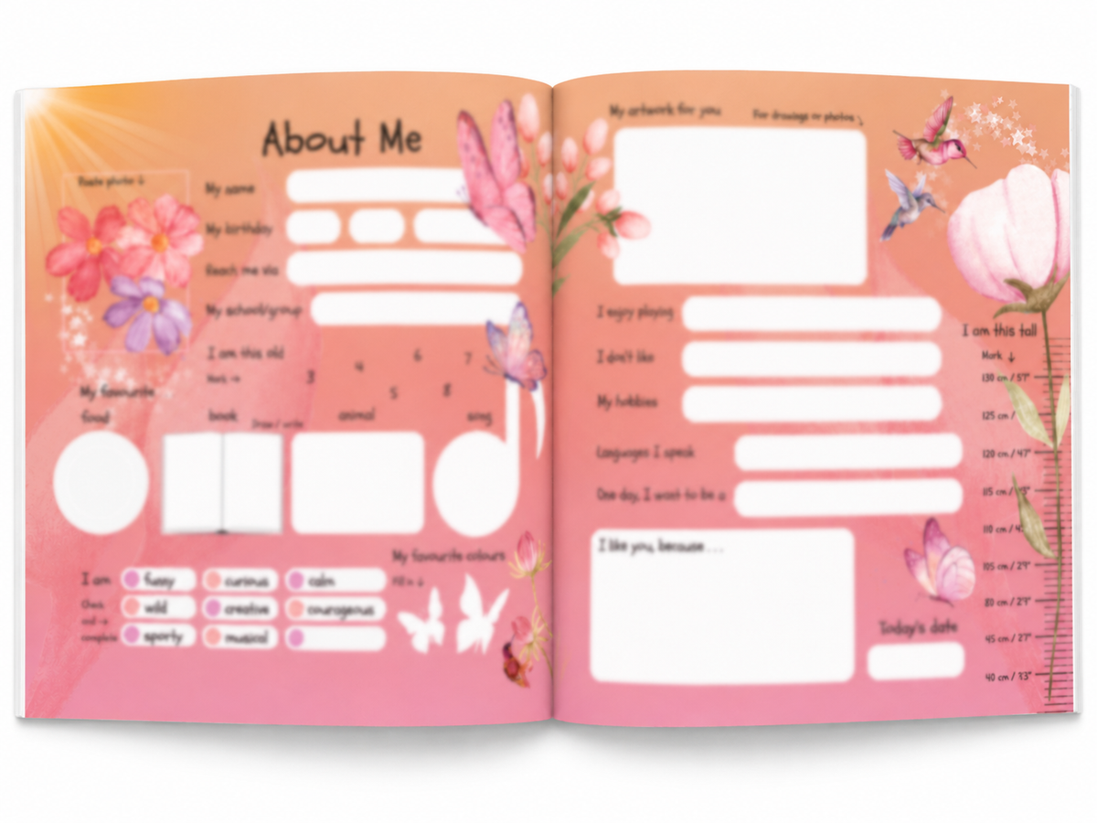 Open Wondering with Animals friendship book showing About Me pages with baby animals, flowers, birds and butterflies.