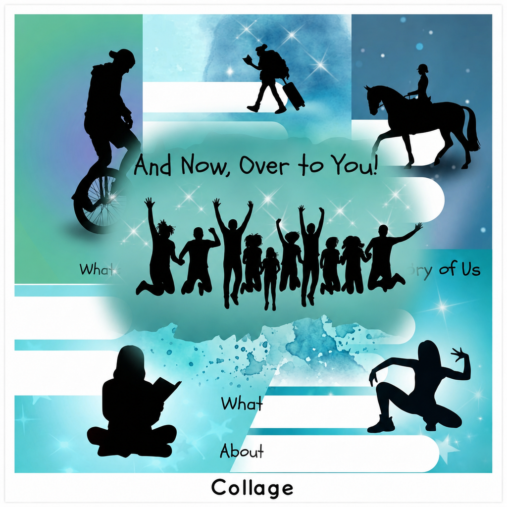 Friendship book 'My School Friends # The Way We Play' inside page snippets showing images colours and playful design. black teen silhouettes on a colorful background with prompts, text fields and sample graphics, blue and turquois colours with sparkles. traveling, horse riding, dancing, unicycle, joy jump.