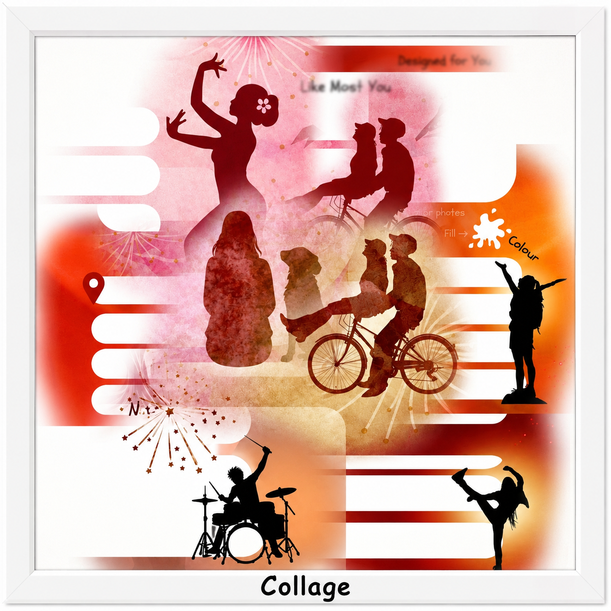 Friendship book 'My School Friends- The Way We Play' inside page snippets showing images, colours and playful design. black teen silhouettes on a colorful background with prompts, text fields and sample graphics, bright red and orange colours. martial arts, biking, friends, drums, dog, pet, asian folk dance.