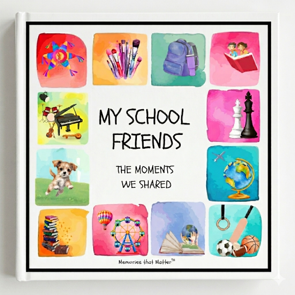 Friendship book titled 'My School Friends: The Moments We Shared' with colorful illustrations on a white background. For children aged 6 to 10, Junior or Elementary School, approximately Grade 1-5, showing hobbies like pets, music, arts, games, sports, soccer, reading, party, traveling, school equipment, fairs, ferris wheel, dog, chess, pinata, basketball, american football, cricket, piano, drums, dog, brushes, painting.