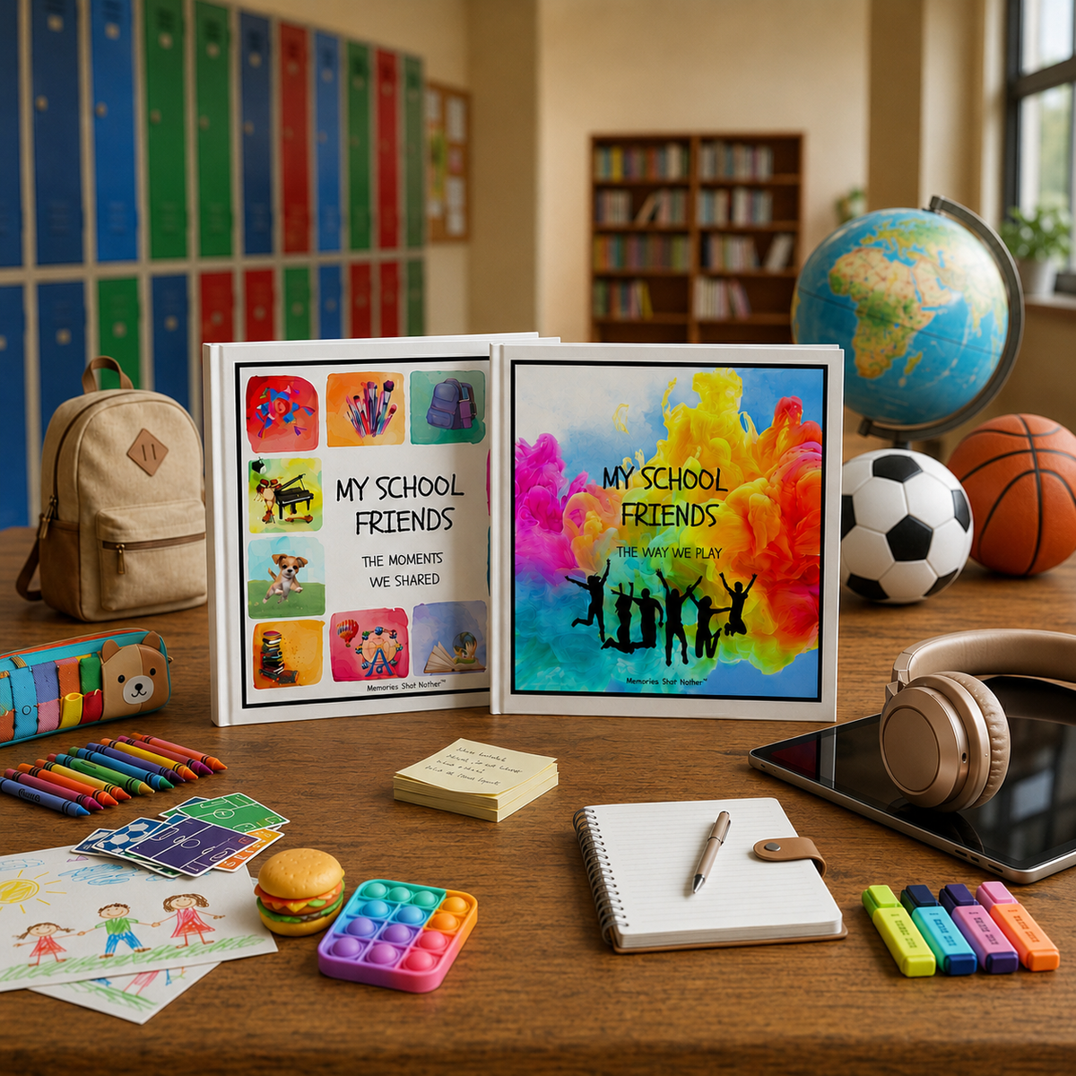 My School Friends Friendship book series on a desk with colorful school items and toys in a classroom setting
