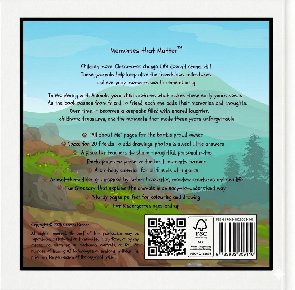Back cover of a children's kindergarten friendship book with text, illustrations, content summary, featuring a QR code, FSC logo and barcode. Jungle background. Trees and rocks. Black frame and white rim.