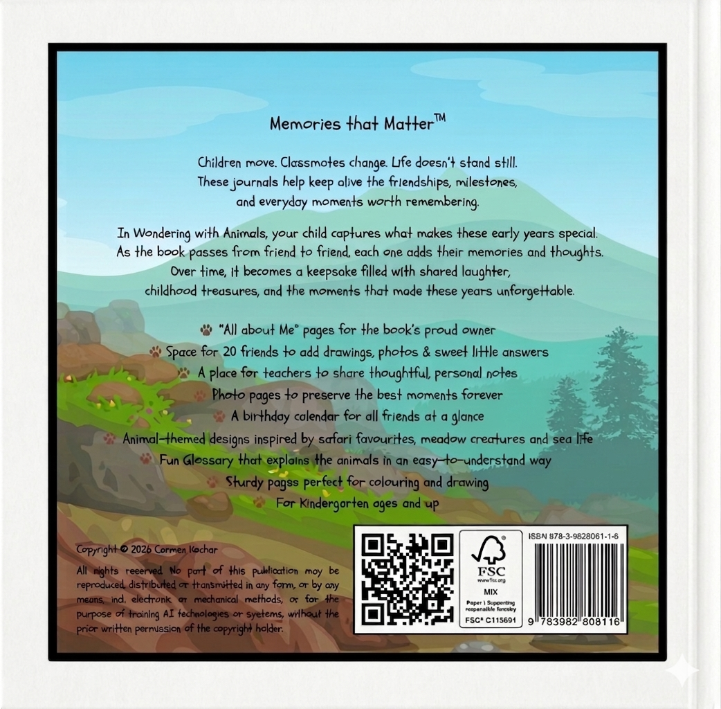 Back cover of a children's kindergarten friendship book with text, illustrations, content summary, featuring a QR code, FSC logo and barcode. Jungle background. Trees and rocks. Black frame and white rim.