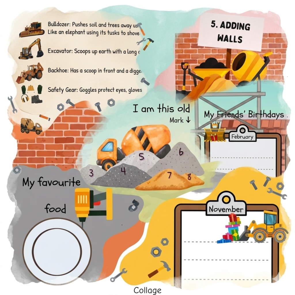 friendship book page snippets showing images of the book themed 'Building Big Dreams'. Bright colours and playful design. With sample  prompts and text fields. Birthday calendar, cement mixer, driller, excavator, glossary, bulldozer, safety gear.