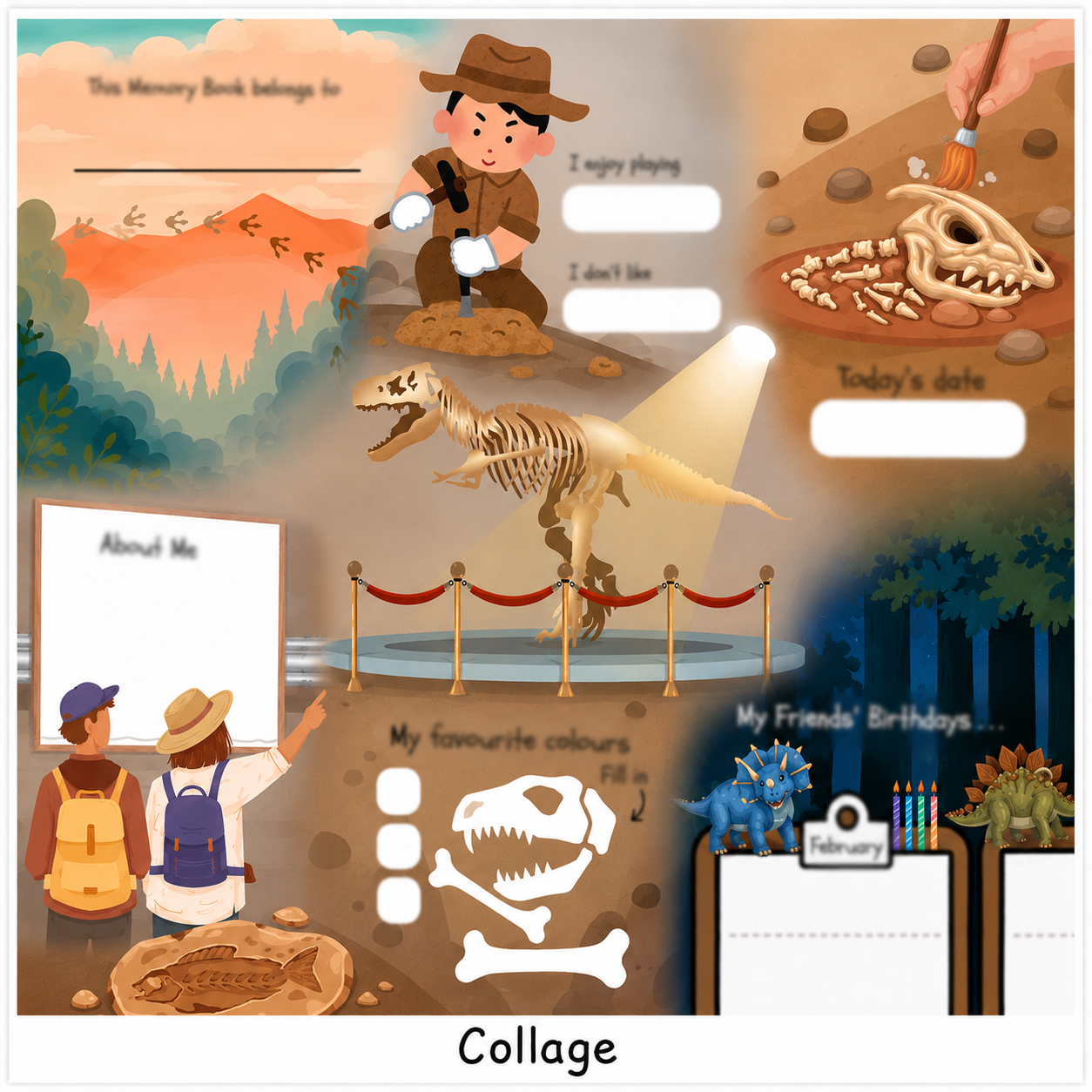 Collage of a children's friendship book content with dinosaurs and explorer theme. with page snippets showing image colours, its playful design,  prompts, text fields, birthday calendar, sample graphics. Triceratops. 