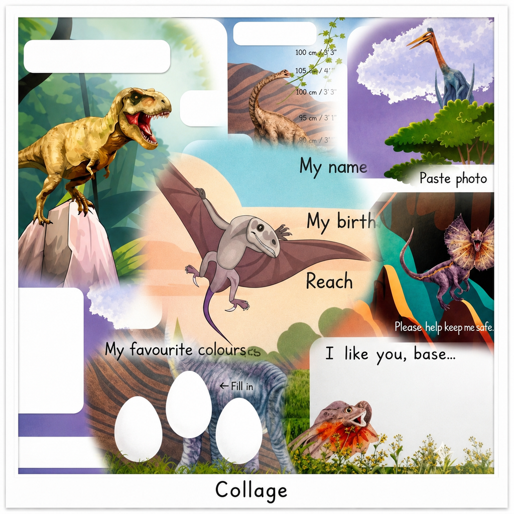 Collage of a children's friendship book content with various dinosaurs displayed like t-rex, diplodocus, pterosaurus. with page snippets showing image colours and design. with prompts, text fields, sample graphics, growth chart, colouri-in dinosaur eggs.