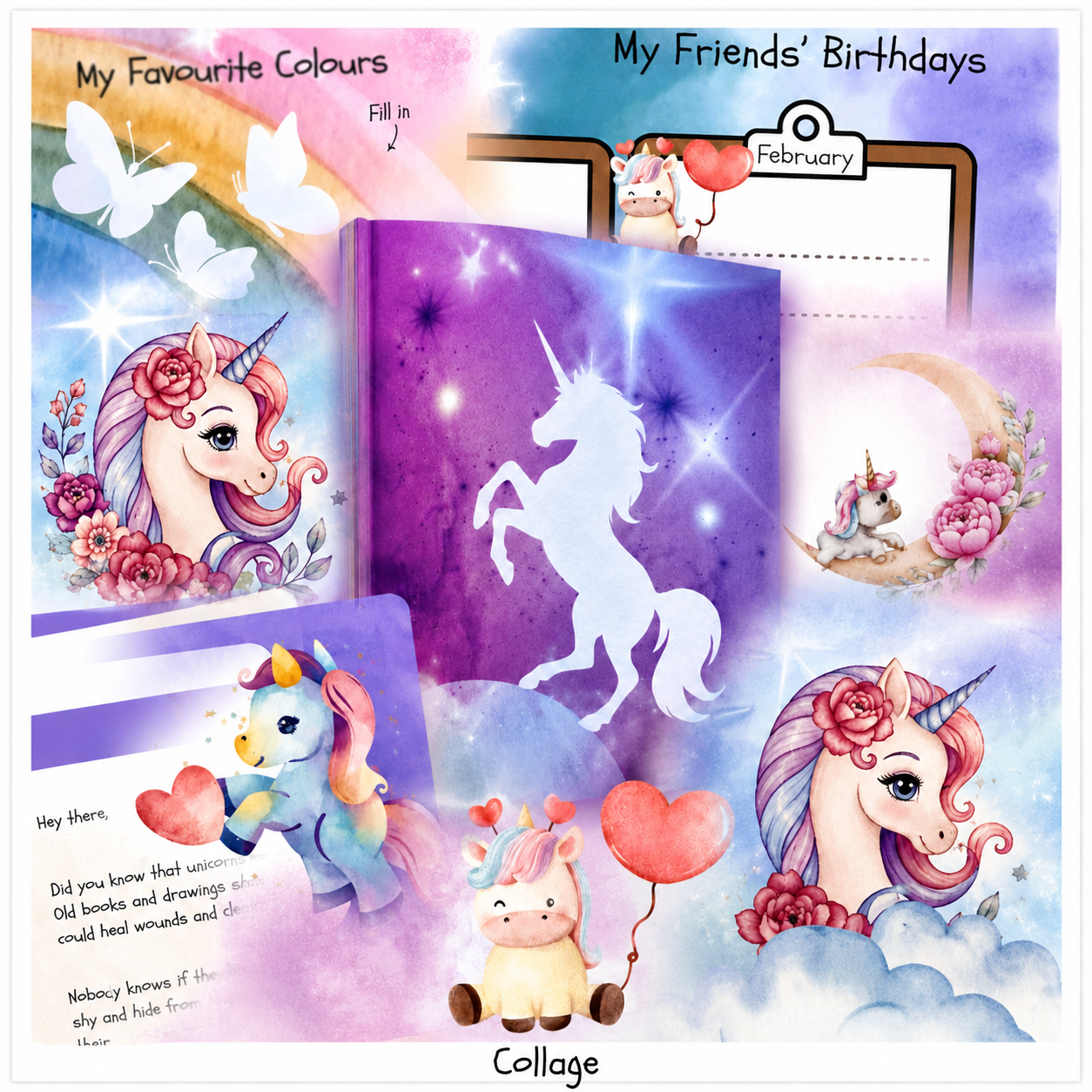 Collage of unicorn-themed inside page snippets of the kindergarten friendship book 'Flying with Unicorns'. Showing image, colours and playful design,  prompts, text fields, glossary, birthday calendar snippets. alicorns, butterflies, clouds, moon, sparkle, heart, balloons. age 3 to 8