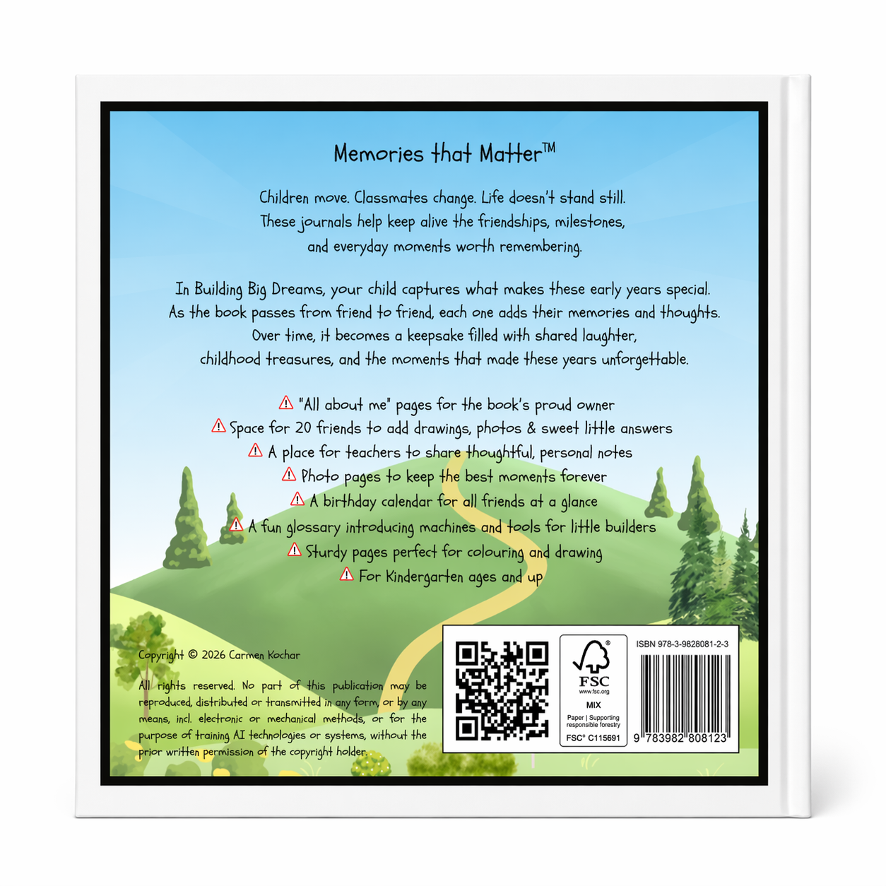 Back cover of the kindergarten friendship book 'Building Big Dreams'  featuring a scenic illustration of a construction site. With explanation how the journal works, age recommendation, content summary, overview of extra pages, featuring a QR code, FSC logo, and barcode with black frame and beige rim.