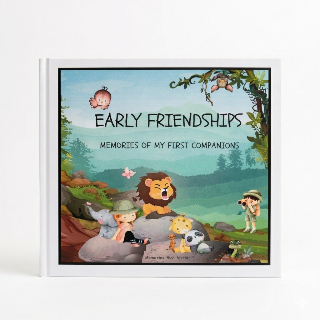 Children's friendship book titled 'Early Friendships - Memories of My First Companions' with cartoon baby elephant lion panda giraffe butterfly meerkat sparrow bat snake in a jungle background. With a black frame and a white border.