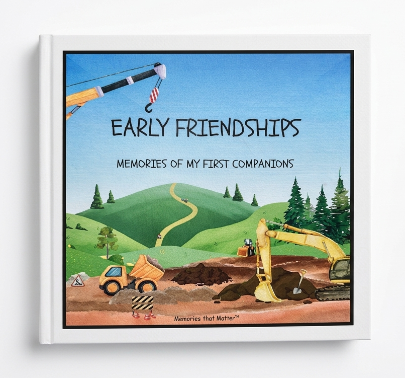 Kindergarten friendship book titled 'Early Friendships: Memories of My First Companions' with construction scene illustration on front cover. with cartoon excavator, backhoe, tipper truck, black frame and a beige border.